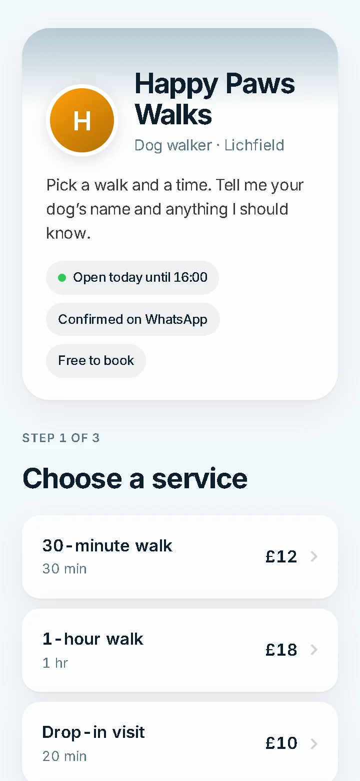 A dog walker’s Bookable booking page on a phone